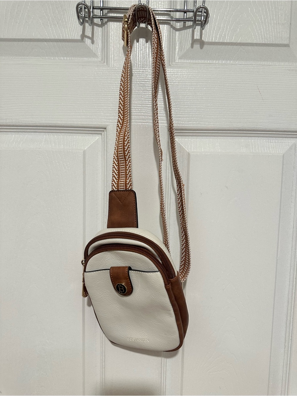 Cream & Brown Crossbody Bag with Woven Strap